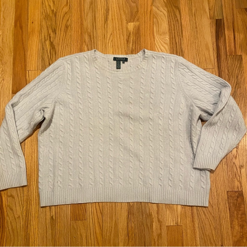 LAUREN 3X Light Blue Wool Angora Blend Cable Knit Crewneck Sweater